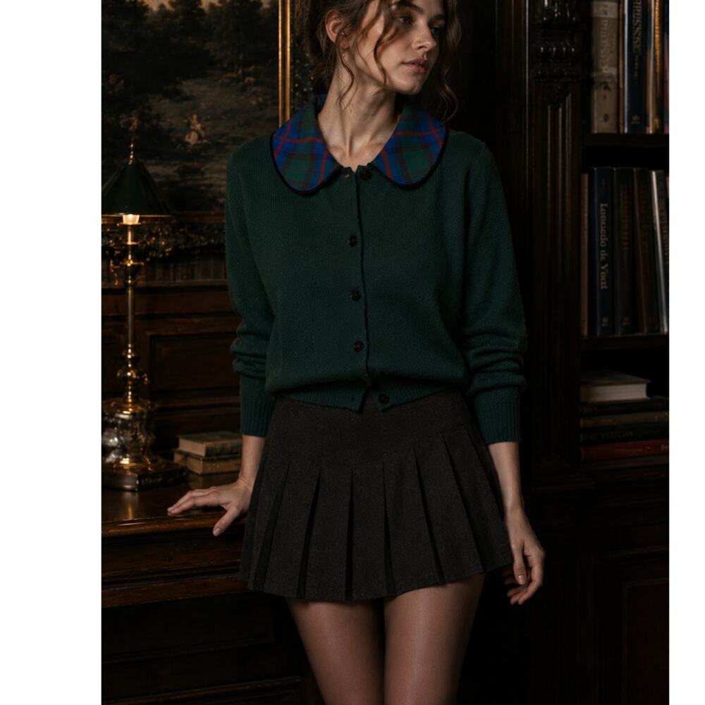 Talbots Vintage Wool Angora Plaid Velvet Collar Cardigan Sweater Green M - Picture 11 of 11